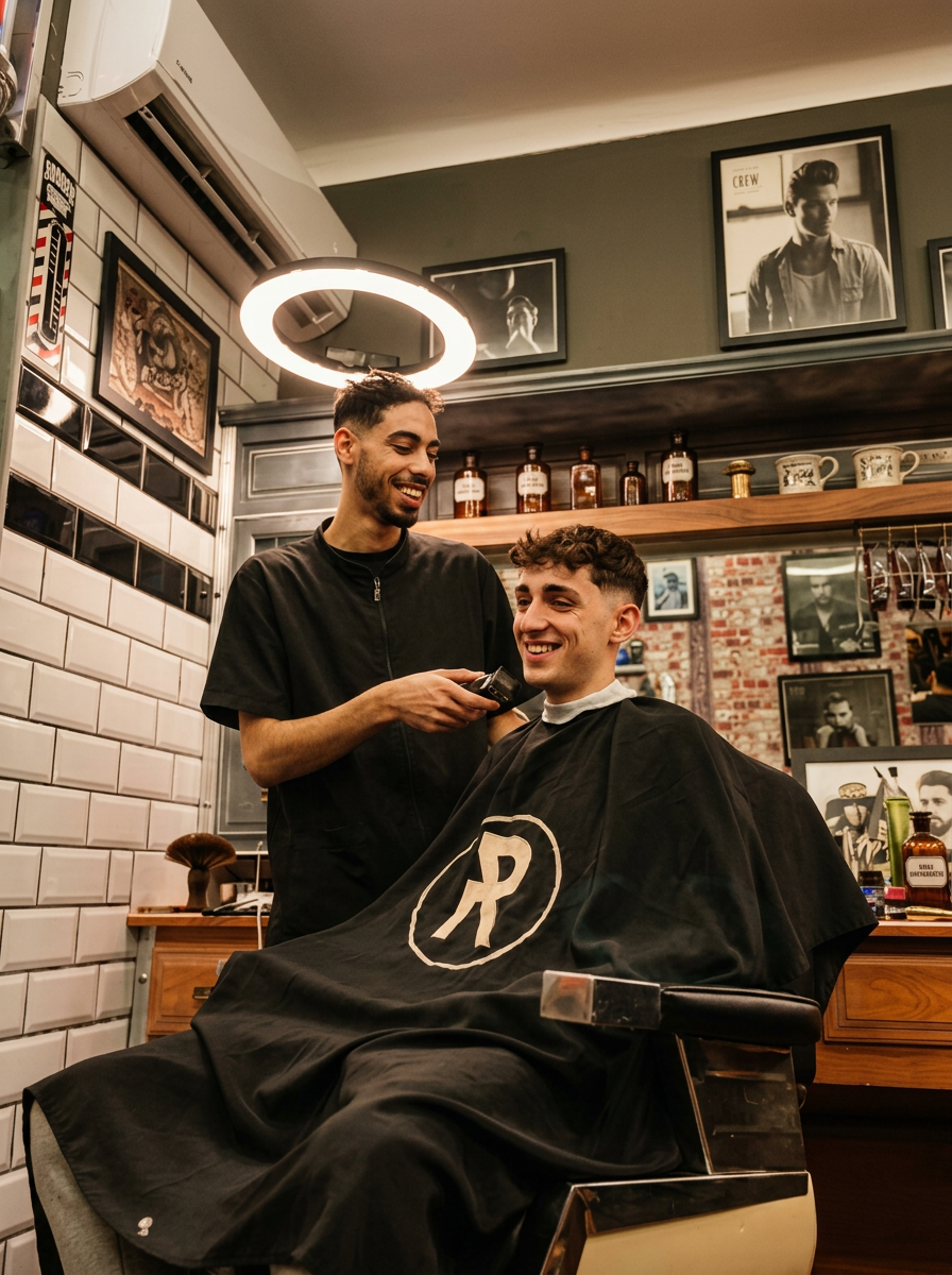 Barbero y cliente sonriendo durante el corte
