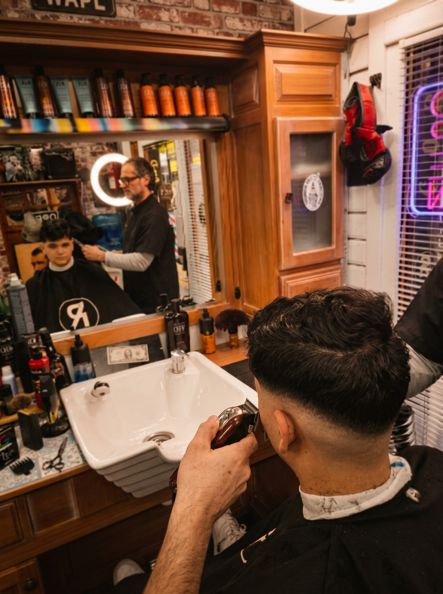 Barbero perfilando un degradado con la máquina