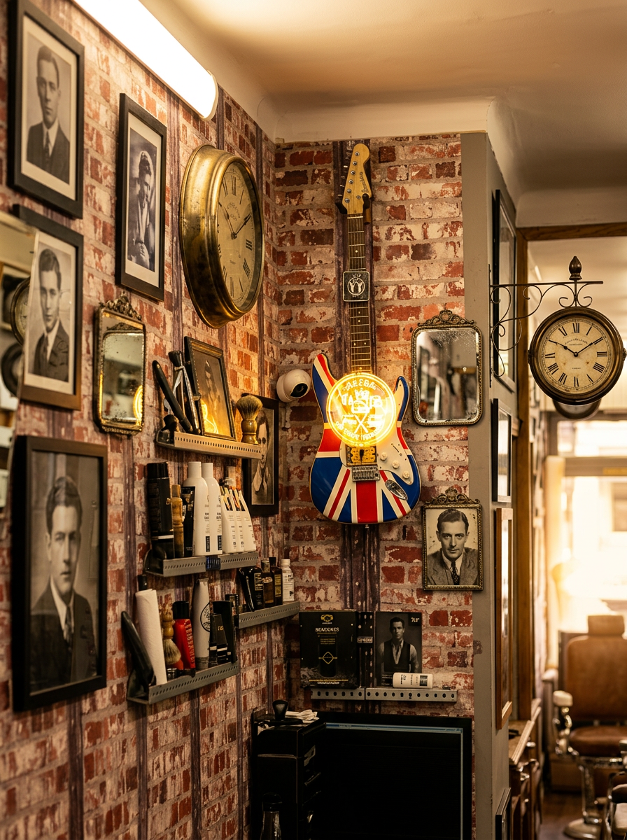 Pared de ladrillo con cuadros vintage y herramientas